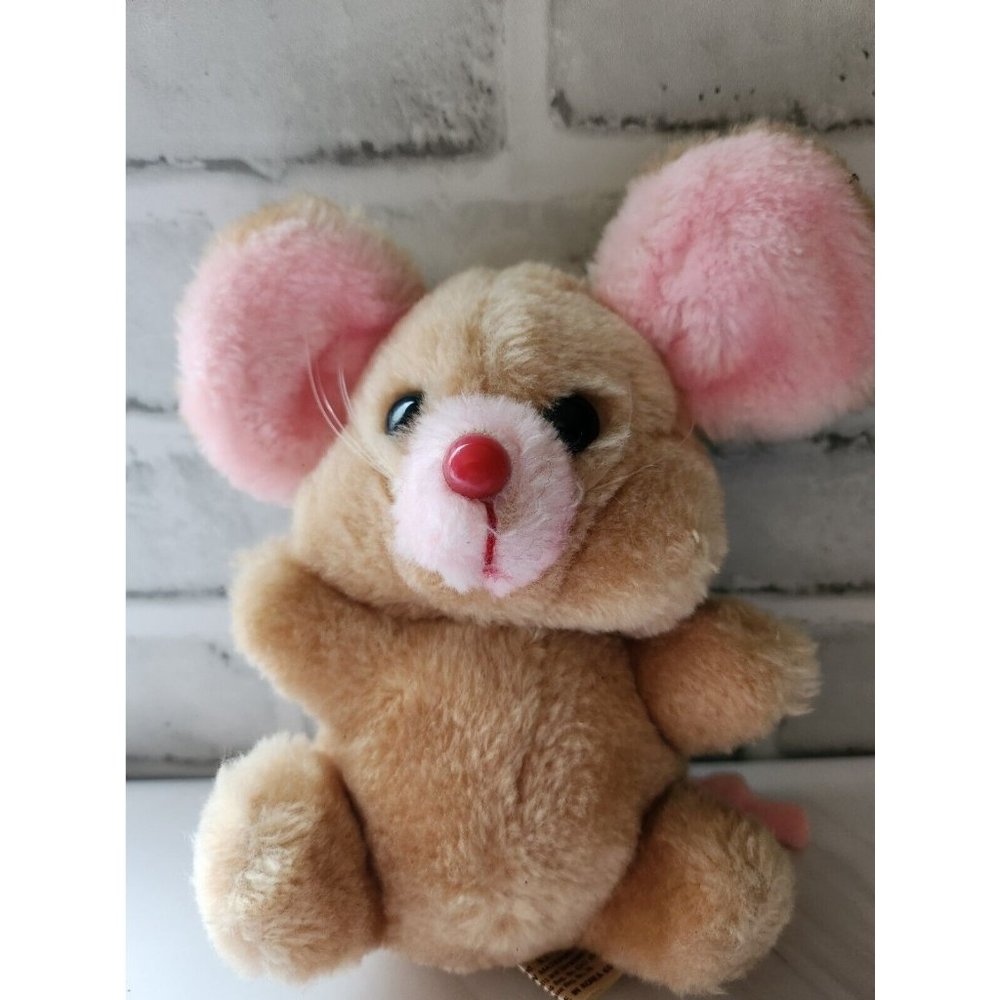 Vintage Russ Berrie Tan Mouse Pink Ears Red Nose #606 7" Made in Korea